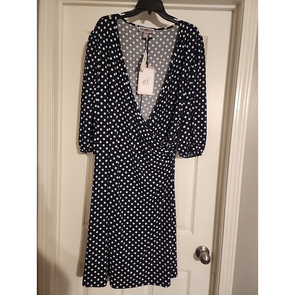 A Lined Wrap Dress Women Size 3X Polka Dots 3/4 Sleeve White Navy Nordstrom Knit